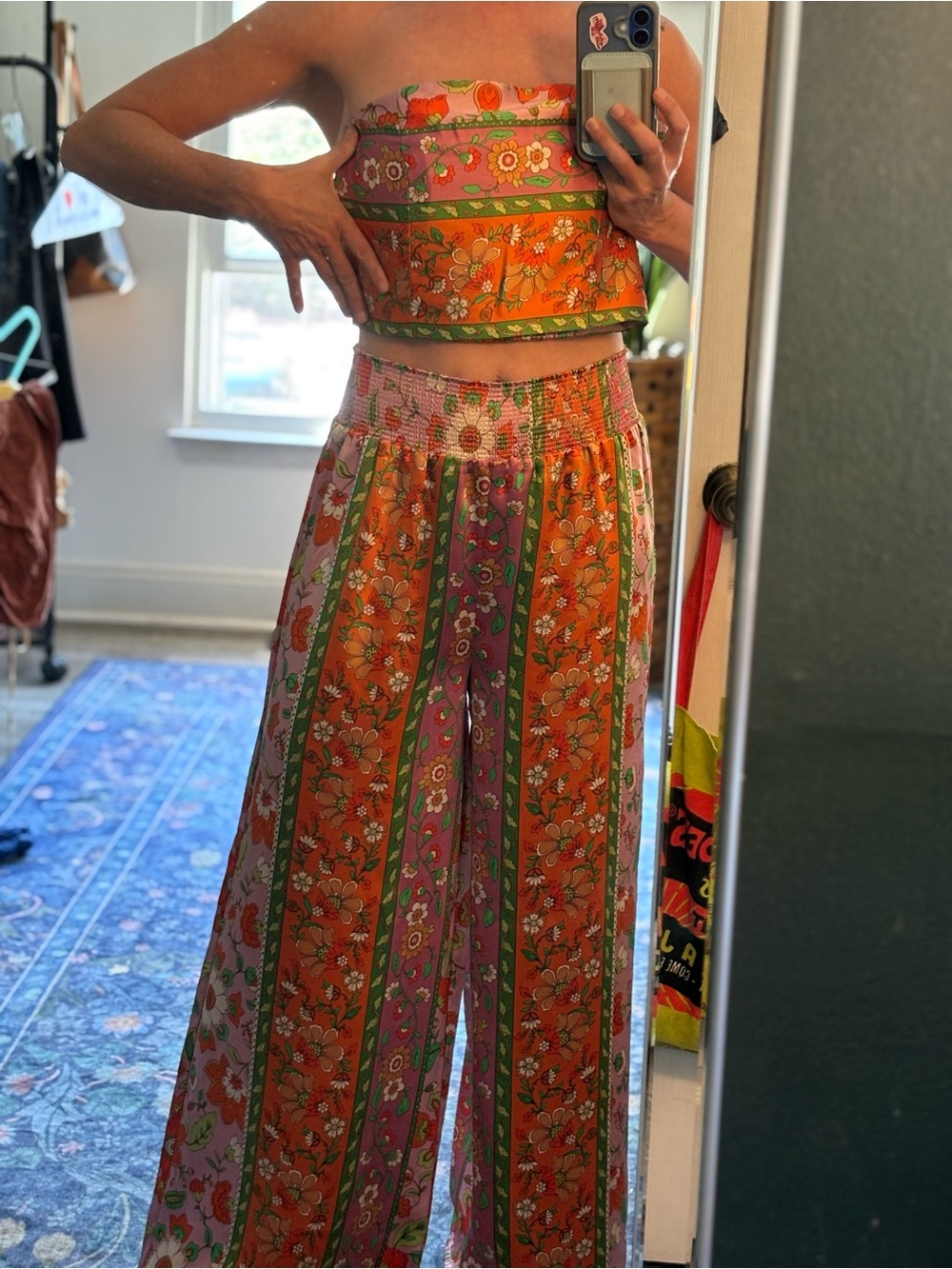 Boho Floral Wide-Leg Pant Set in Orange & Pink